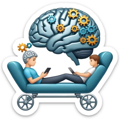An icon featuring a brain with gears, a mind map, and a therapy couch, symbolizing psychology. The design includes a set of mental health tools and a silhouette of a person in deep thought, representing understanding the human mind. Transparent background sticker