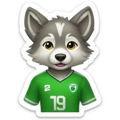 baby wolf with green soccer jersey. sticker