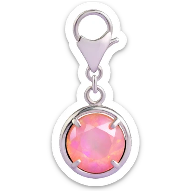 detailed close-up round cut pink fire opal charm with silver setting, silver jump ring, glossy and iridescent finish sticker