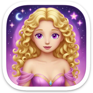Cinematic Stunning Aurora Portrait Emoji, Ethereal in her flowing pink gown, golden curls shimmering, soft violet eyes filled with serenity, an enchanting glow surrounding her, capturing the beauty of a princess lost in a dream! sticker