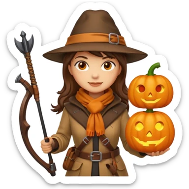 female human monster hunter emoji, wearing brown coat and hat, holding crossbow, soft smile, scarf, glowing pumpkin by her side, Halloween fantasy style, clean vector Apple emoji look, bright colors, white background, square sticker