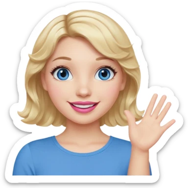 Girl Blonde short wavy hair,  blue eyes, cute blue top, long lashes, pink lips, smiling, one hand in the air sticker