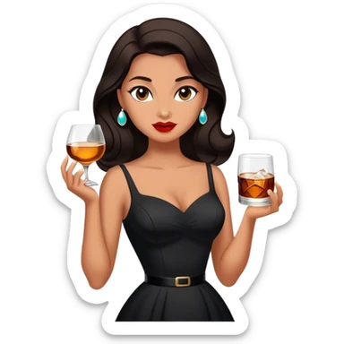 Beautiful woman in 1950’s woman fashion look, black dress, long dark brown hair, whisky with ice sticker
