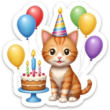 Ginger tabby kitten celebrates birthday, birthday hat, birthday cake, one candle, balloons, happy, gifts sticker