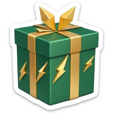 3D minimal open gift box with small floating icons coming out (envelope, lightning bolt, sparkle), matte finish, deep green (#0B3D2C) box, gold (#C9B037) icons, Apple style, ultra minimal, soft shadow, transparent background sticker