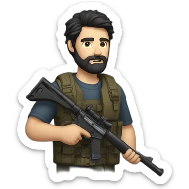 dark-haired bearded man drunk with a rifle sticker