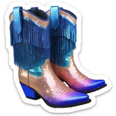 Realistic rose gold and royal blue ombre pair of fashion cowgirl boots with sparkly shiny glitter fringe on them. sticker