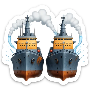 two warships colliding, dramatic impact, water splashing, expressive faces on ships sticker