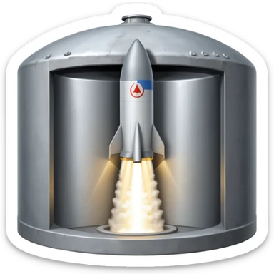 grey missile silo hatch open, and the top two thirds of a white nuclear missile launching out of the silo is shown sticker
