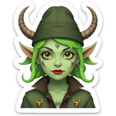 green girl demon with tattoos, hat, jacket and horns sticker