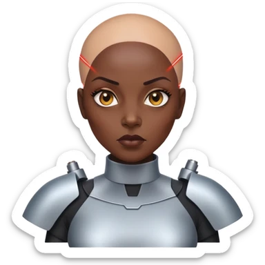 bald black woman with a laser shield and mad sticker