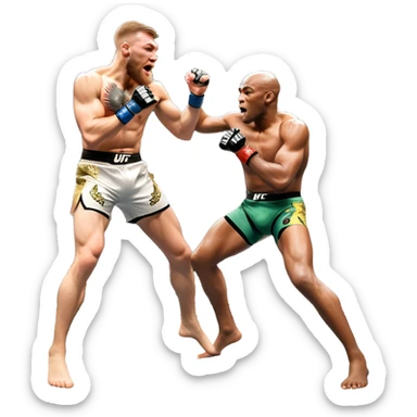 An MMA showdown between Conor McGregor and Anderson Silva in the octagon. McGregor is executing a jumping strike, while Silva skillfully deflects the attack. The background shows the UFC octagon with roaring fans and vibrant energy. Transparent background. sticker
