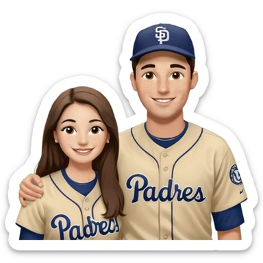 *White* Smiling couple. Woman has big cheeks and a lot of freckles on the nose. long brown hair. Man has black and very short hair and prominent eyebrows with egipcian nose. Both are wearing “Los Padres” baseball jerseys and with a sign that says “Go Padres!” sticker