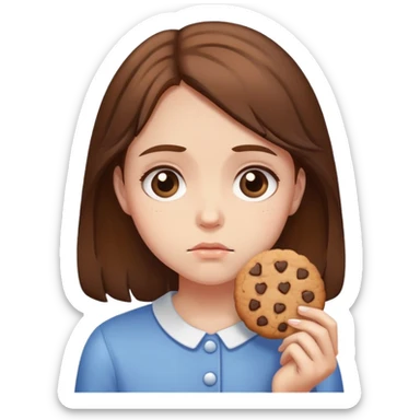 Sad girl with brown hair holding a cookie sticker