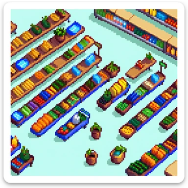 Isometric view of a supermarket with shelves of products, shopping carts, and checkout counters sticker