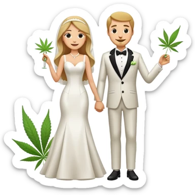Full body view of bride in white dress and groom in tuxedo sharing a cannabis joint, cheerful cartoon wedding couple standing together sticker