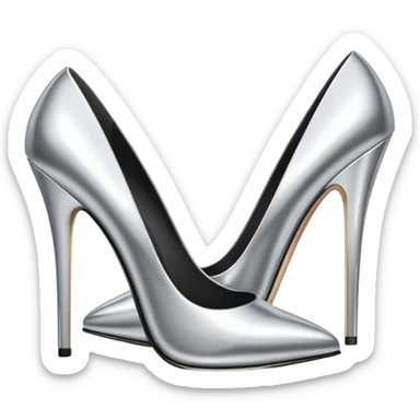 A pair of high heel shoes emoji made of polished silver chrome, elegant sharp silhouette, smooth metallic surface, glossy reflections, luxury sexy vibe, minimalistic iOS emoji style, centered, clean white background sticker