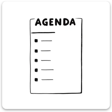 A notebook with 'AGENDA' written on top and meeting items listed below sticker
