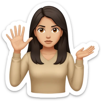 Hispanic woman with long hair, beige top, determined, one hand out motioning to stop sticker