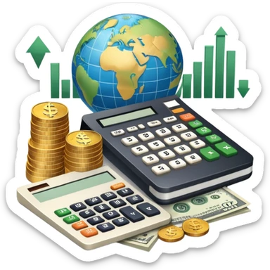An icon featuring a calculator, a dollar sign, and a chart with upward trends, symbolizing economics. The design includes coins, bills, and a globe, representing global trade and financial systems. Transparent background highlights the study of markets, supply, and demand. sticker