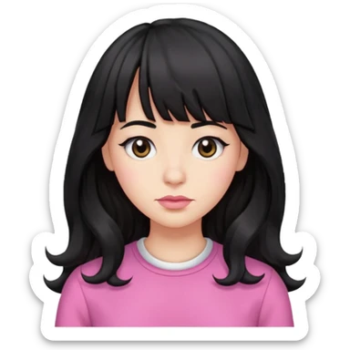 wavy long black hair with bangs, small lips, downturned black eyes, small large nose, pink clothes  sticker