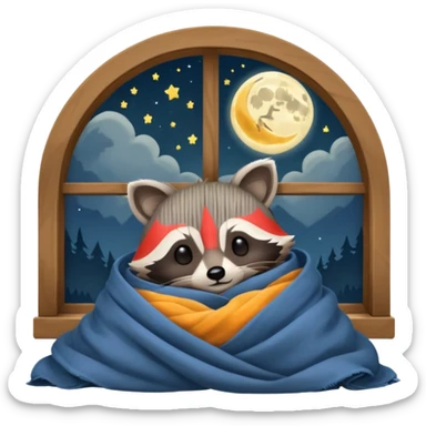 A raccoon sleeps under a blanket against the backdrop of an open window with the moon sticker