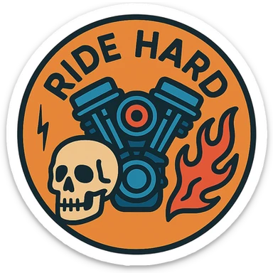circular motorcycle cap design with the English phrase 'Ride Hard', featuring motorcycle motifs like motor, flame, skull, tough style sticker