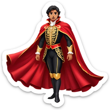 Spanish Matador – Cinematic Realistic Spanish Matador, portrayed in an ornate traje de luces with a flowing red cape, standing poised in a classic bullring with swirling dust and dramatic light, his intense expression and elegant stance capturing both bravery and artistry. sticker