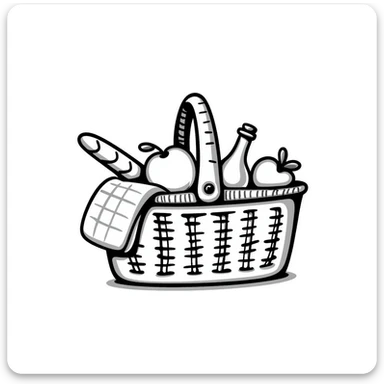 A wicker picnic basket with handle and contents like food items in pastel colors (dd9fb0, ffc6d3, a3bfc9, c4bee2, f1b091), hand-drawn doodle style sticker
