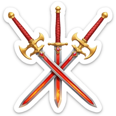 Two crossed swords that are golden in blade and handle and have fiery and royal appearence to them as well as red gem stones sticker