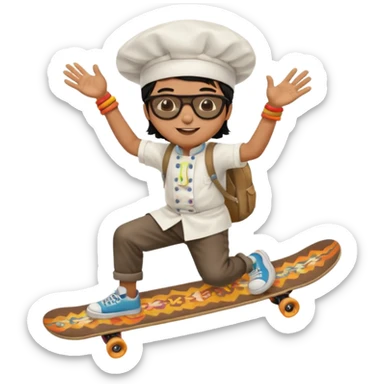 ["A happy boy with brown skin, straight hair, wearing a chef hat and sunglasses, dressed in hippie fashion, is skateboarding while holding a backpack."] sticker