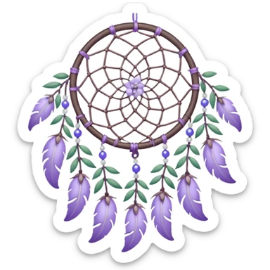Lavender lilac pastel purple dreamcatcher-suncatcher with lavender flowers and lilac flowers attached, blue beads, and white beads, green leaves sticker