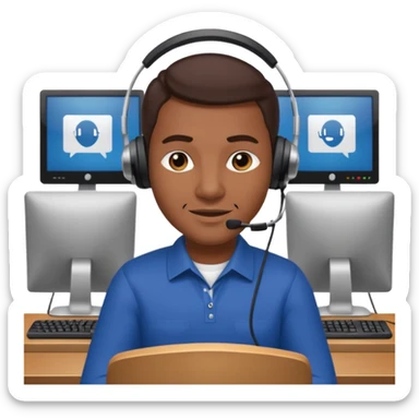 mean looking phone scammer in sketchy call center from pakistan with smirk and brown skin sticker