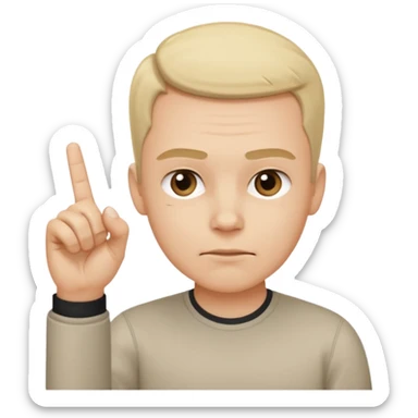 iOS-style 3D emoji: a person with slightly furrowed eyebrows, serious expression, head tilted forward, index finger raised and wagging, with motion lines around the finger to show movement sticker