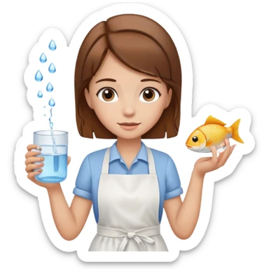 A girl with brown hair wearing an apron and holding a fish and a cup of water in another hand sticker