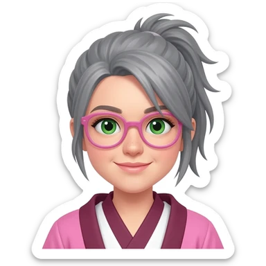 MUJER JOVEN, MEDIA MELENA, PELO GRIS, MOÑO INFORMAL DESPEINADO, GAFAS ROSAS OJOS VERDES, BATA CUATROS ROSA/GRANATE/BLANCO sticker