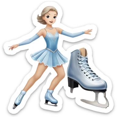 An icon showing elegant figure skates in close-up on a glossy ice surface, with a graceful skater performing in the background. The scene is set inside a grand indoor ice arena with spotlights, decorative banners, and a cheering audience. Transparent background. sticker