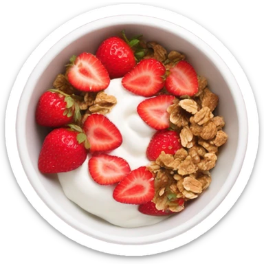 Top view of a yogurt bowl with strawberries and granola sticker