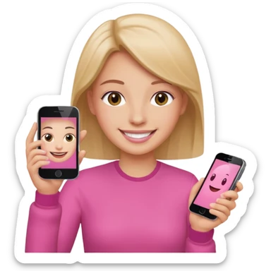 pink video call between one person holding the phone with a person on the phone screen sticker