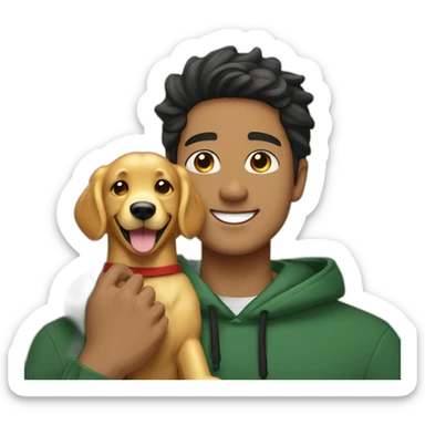 Light skin smiling indian guy with black middle part hairstyle wearing dark green hoodie hugging a golden retriever sticker