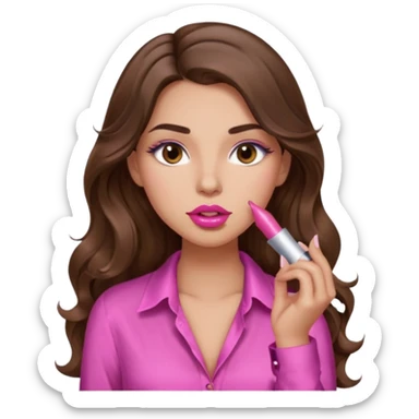 girl with long wavy brown hair, brown eyes, light to medium complexion, in a pink sexy shirt, pink lips, long lashes, puckered lips, putting on lipstick sticker