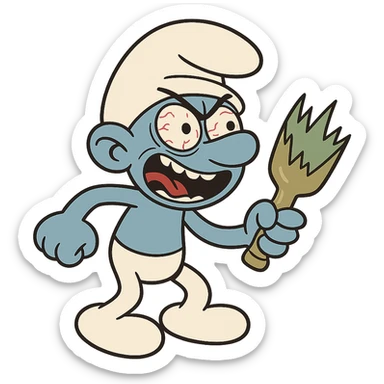 a smurf with a crazed look, holding a broken bottle, cartoon style sticker