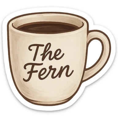 white coffee cup with 'The Fern' written on it in a handwritten script, cozy and inviting vibe sticker