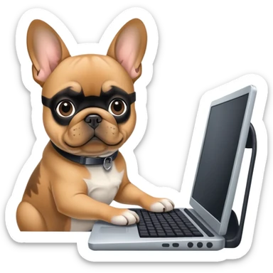 Fawn Frenchie with black muzzle working behind computer sticker
