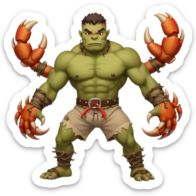 orc male flexing with giant crab. Torn net shorts, claw trophy belt sticker