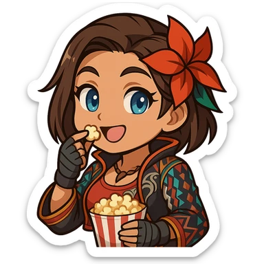 Azucena from Tekken 8 in chibi sticker style, eating popcorn with an amused expression, wearing the detailed red and patterned outfit from the reference images, designed for Twitch emote use. sticker