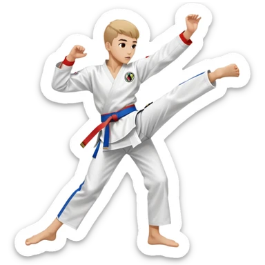 teenager performing a high kick in a white Tae Kwon Do uniform with a colored belt sticker