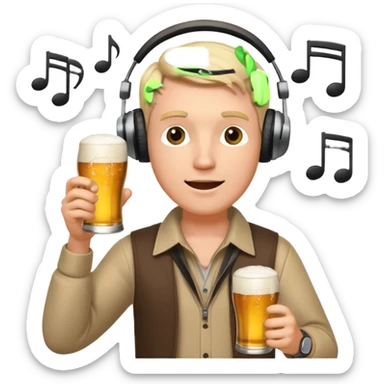 a white male radio presenter wearing headphones, speaking into a microphone, with a beer in his hand and musical notes around him sticker