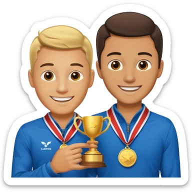 winner ceremony with one guy handing another guy a trophy. One of them having a medal around his neck. the other not sticker