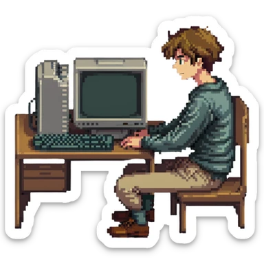 Young man sitting at an old school desktop computer with large monitor and keyboard sticker